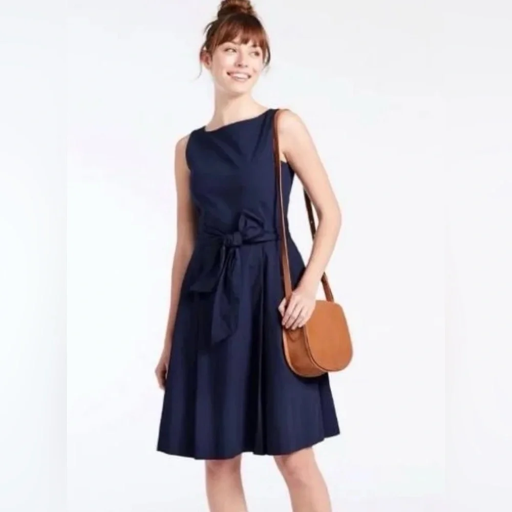 LL BEAN signature Navy blue boat neck Sleeveless Dress pockets sash New NWOT - Picture 1 of 14